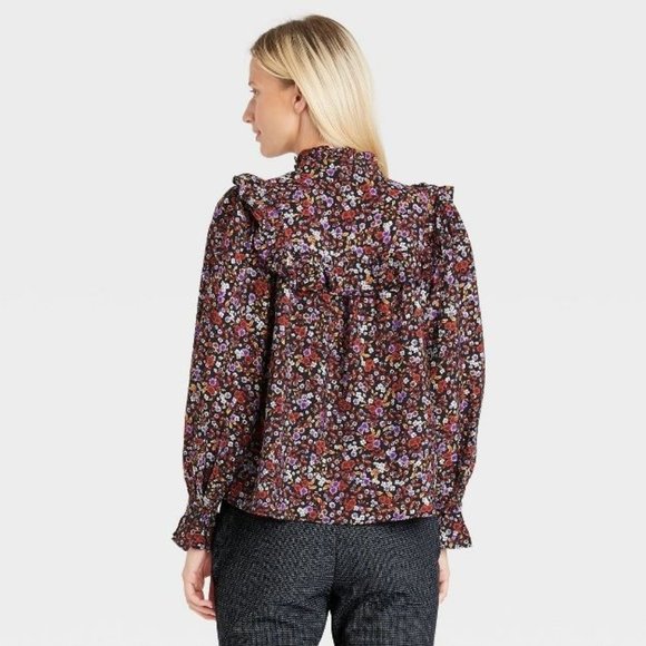 Who What Wear Womens Top Medium Blouse Floral Long Sleeve Button Down Ruffle New - Picture 9 of 13
